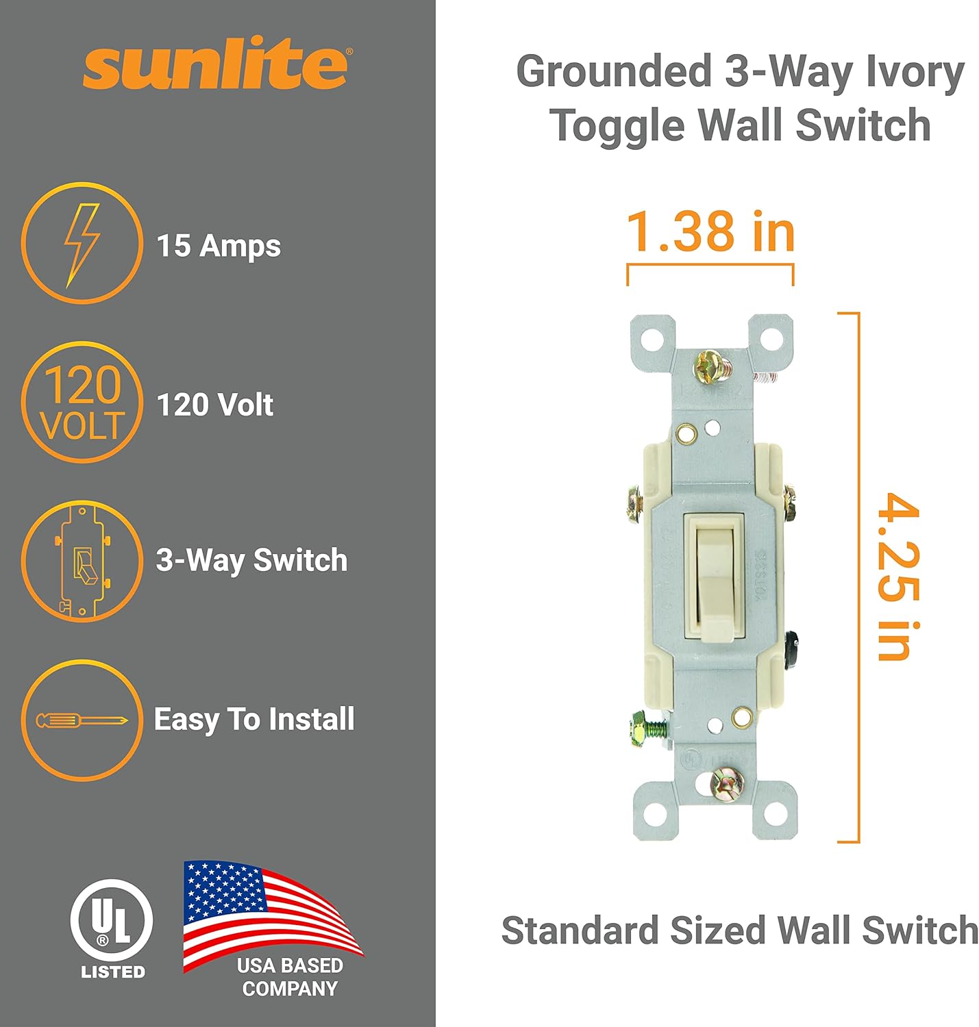 Grounded 3-Way Rocker Wall Switch Ivory, 15 Amp, 120 Volt - Click Image to Close