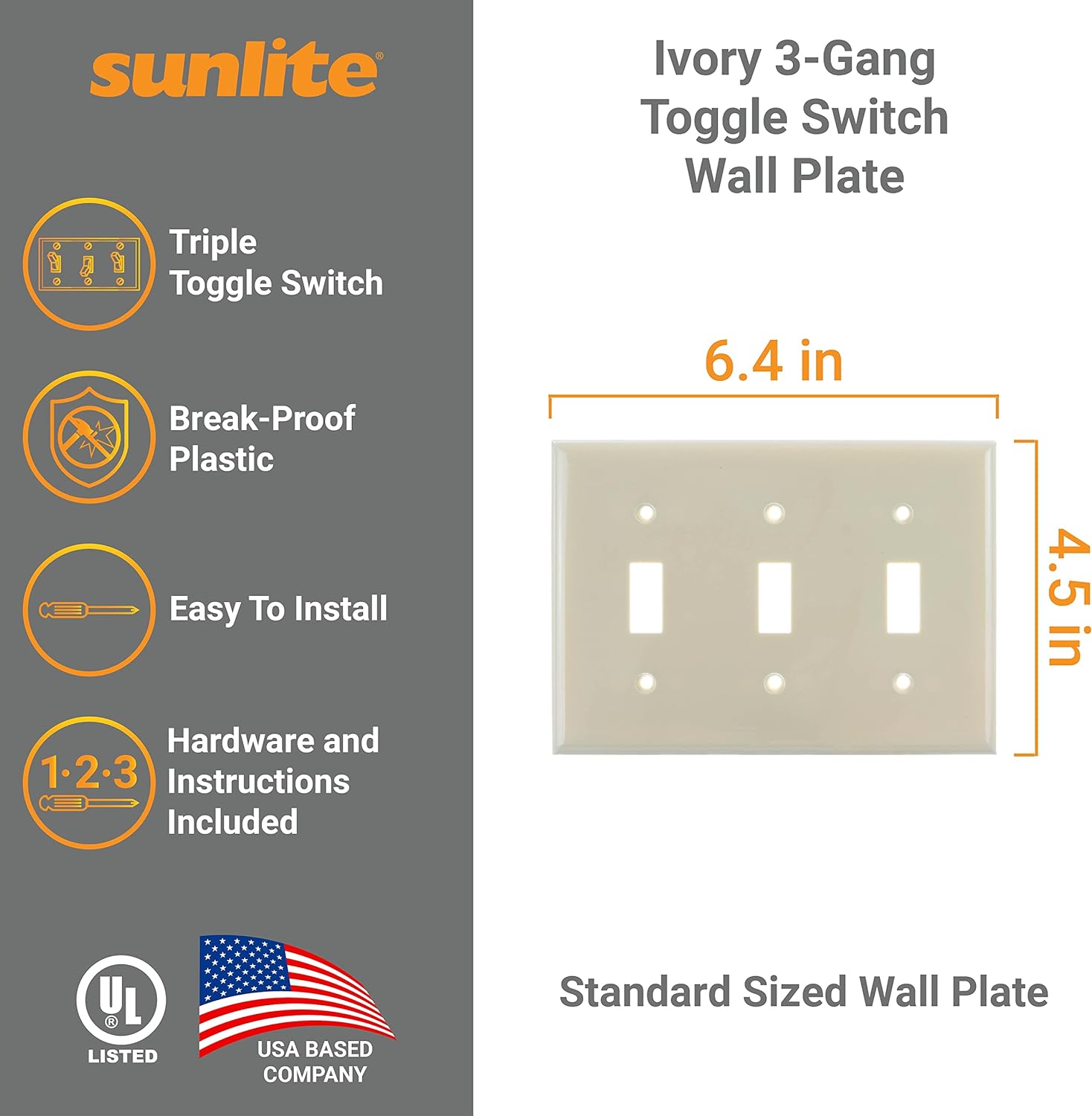 3 Gang Toggle Switch Wall Plate, Ivory E103/I