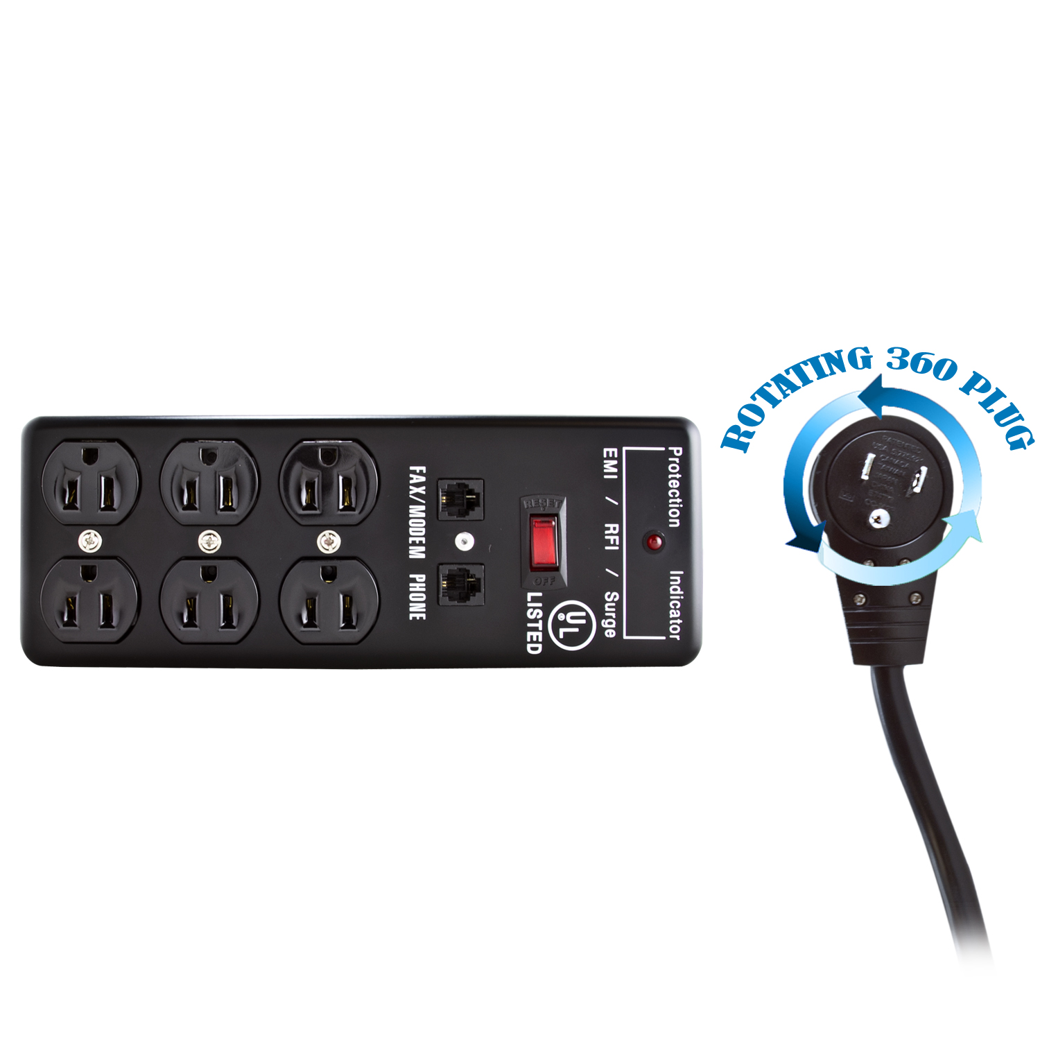6 Outlet Surge Protector with Flat Rotating Plug 10ft Cord