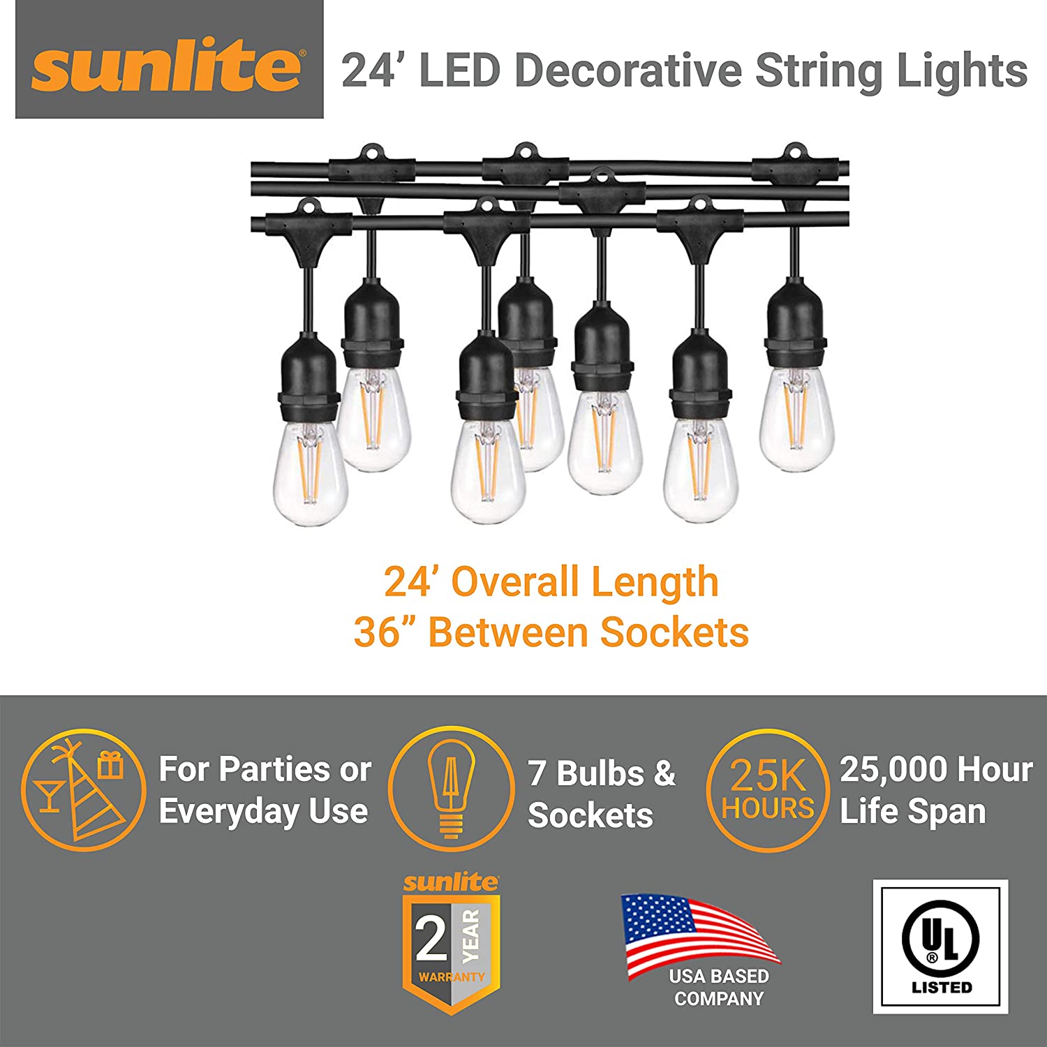 24ft Outdoor String Lights, Waterproof, Shatterproof LED Bulbs - Click Image to Close
