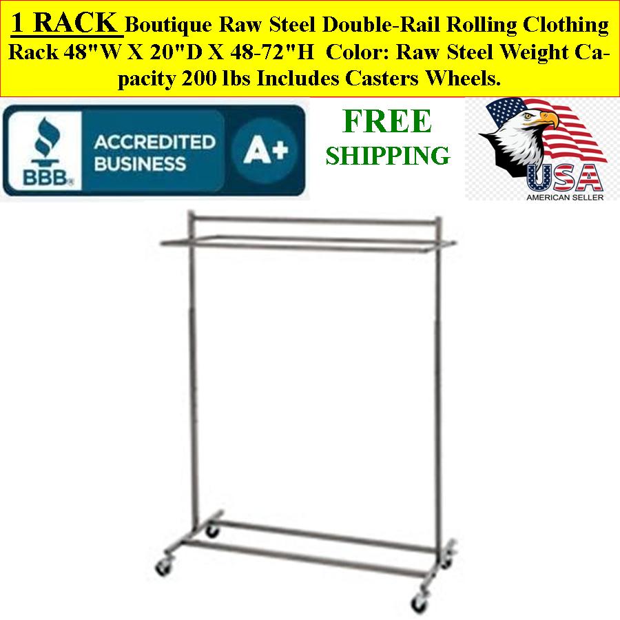 Boutique Raw Steel Double-Rail Rolling Sturdy Clothing Rack - Click Image to Close