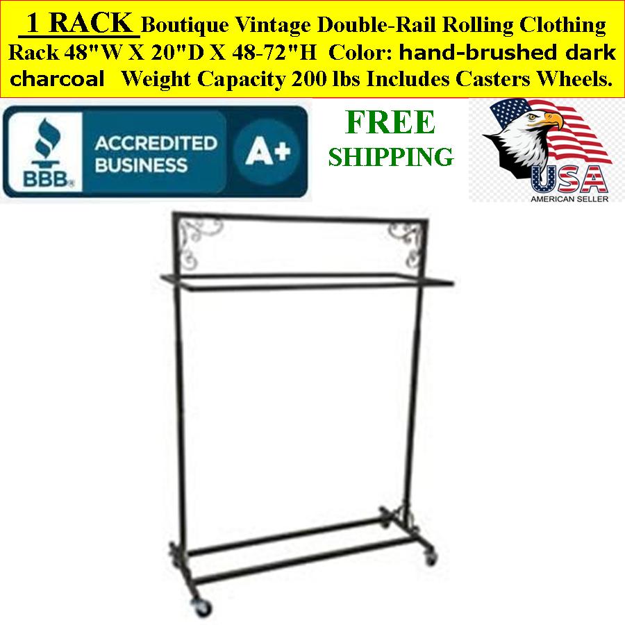 Boutique Double-Rail Rolling Sturdy Clothing Rack Vintage Black - Click Image to Close