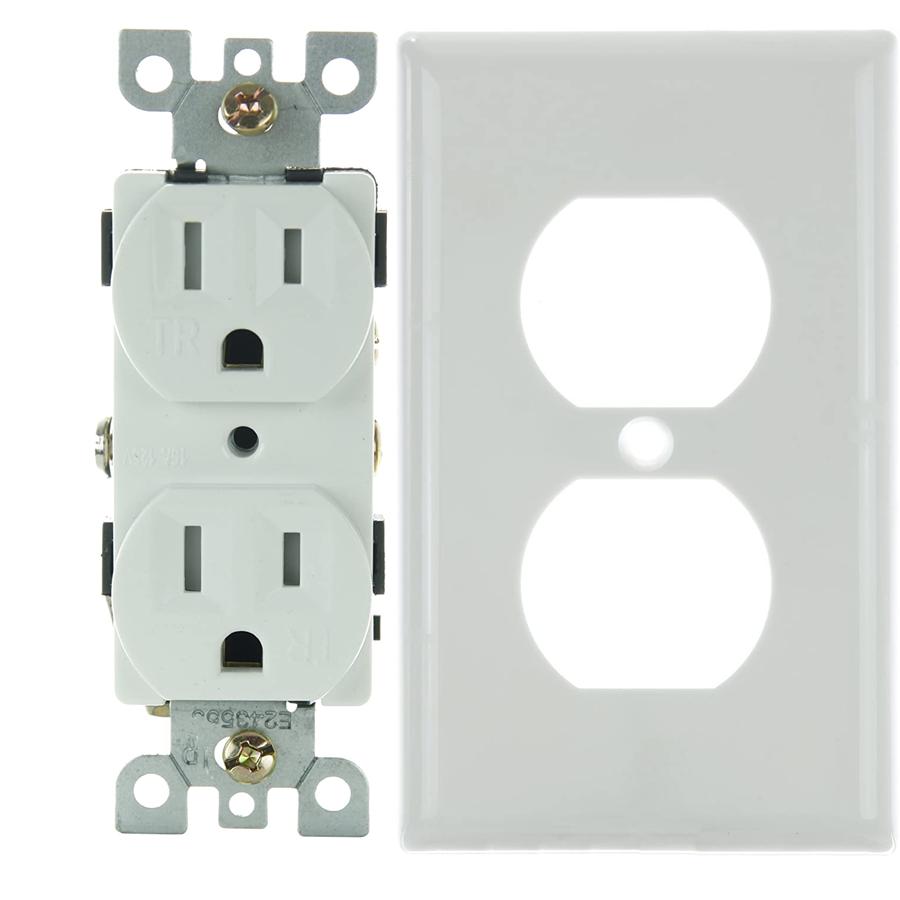 COMBO, White Wall Plug Receptacle 2 Outlets, 1 Gang Wall Plate - Click Image to Close