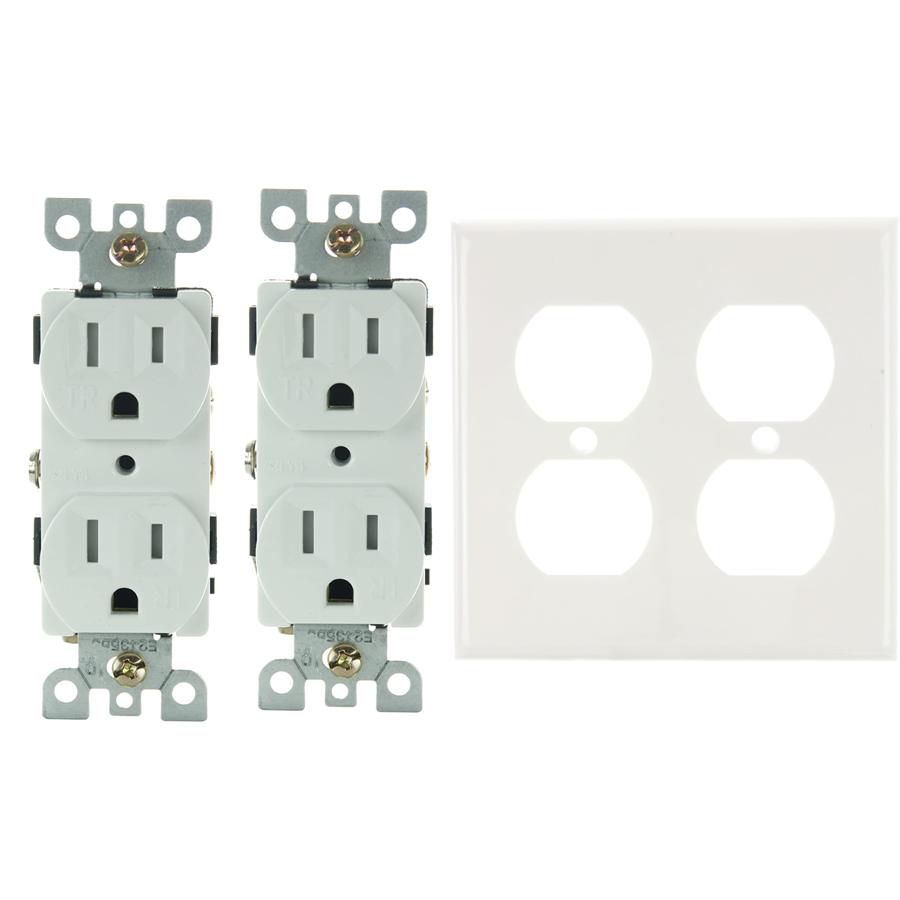COMBO SET 2 Dual Outlets, UL Listed, and 2 Gang Wall Plate White - Click Image to Close