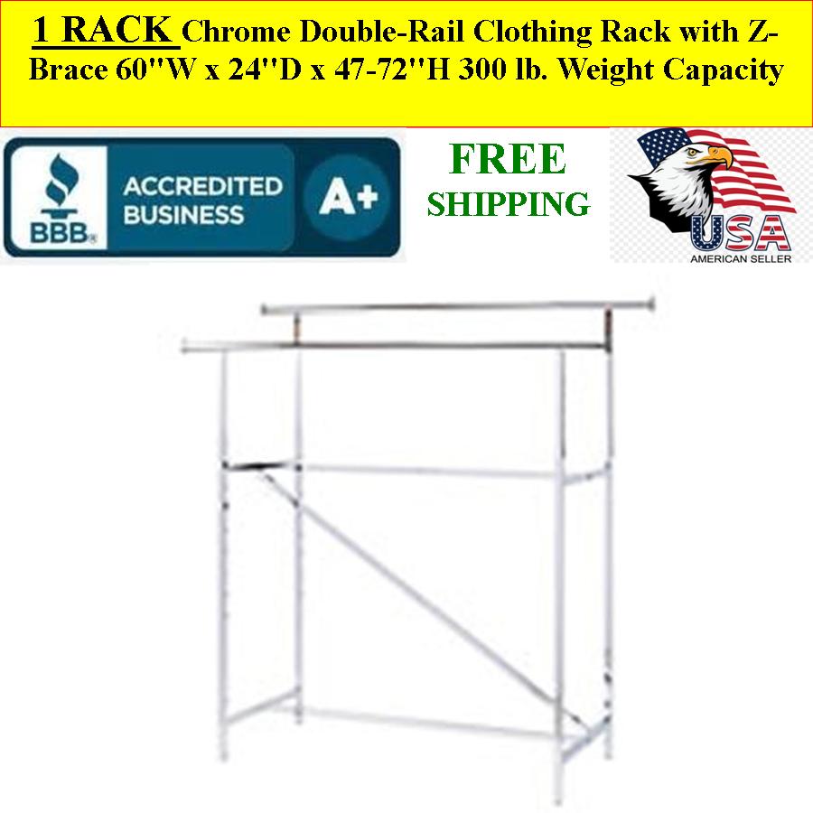 Chrome Double-Rail Clothing Rack with Z-Brace, Holds 300 LBS - Click Image to Close