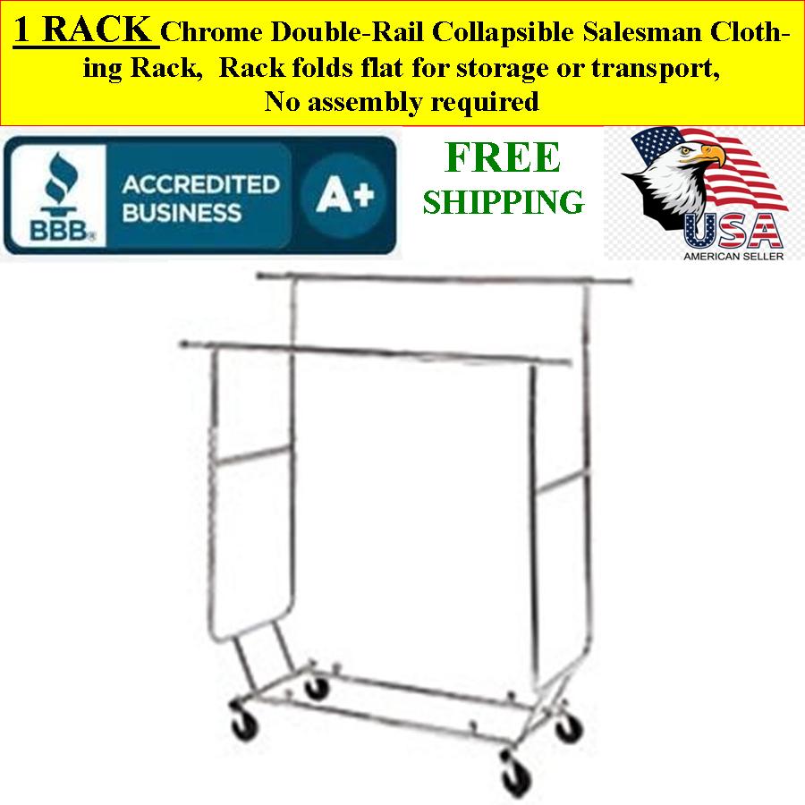 Chrome Double-Rail Collapsible Salesman Clothing Rack with Wheel