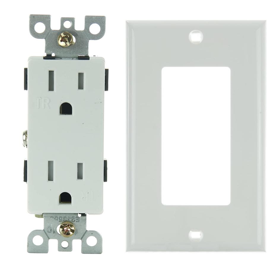 COMBO SET Dual Outlet, UL Listed,15 Amp, and 1 Gang Plate White - Click Image to Close