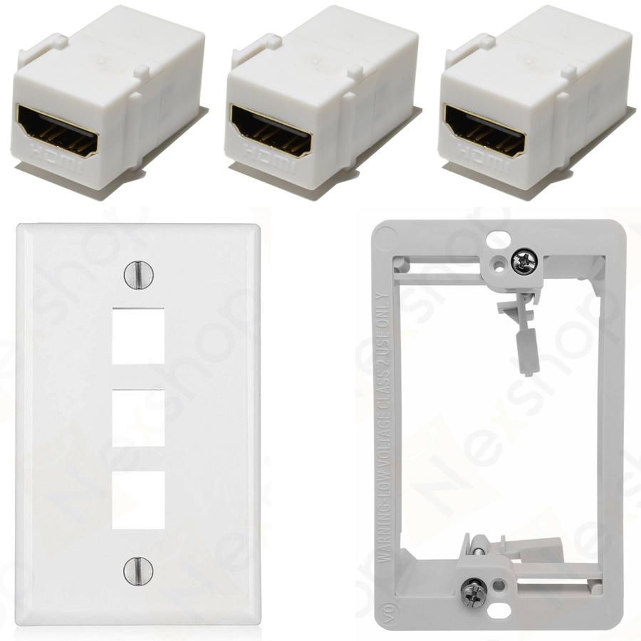 Ethernet Wall Plate, 3 HDMI Couplers, Jack Combo, Drywall Plate - Click Image to Close