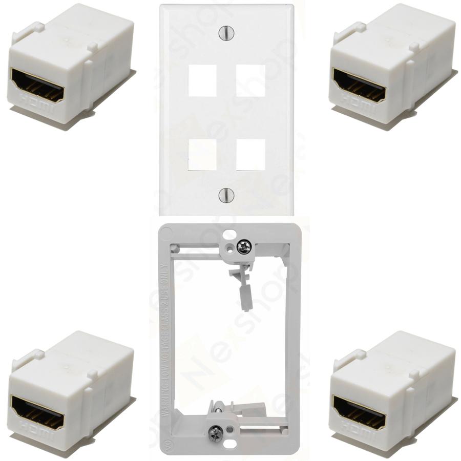 Ethernet Wall Plate, 4 HDMI Couplers, Jack Combo, Drywall Plate - Click Image to Close