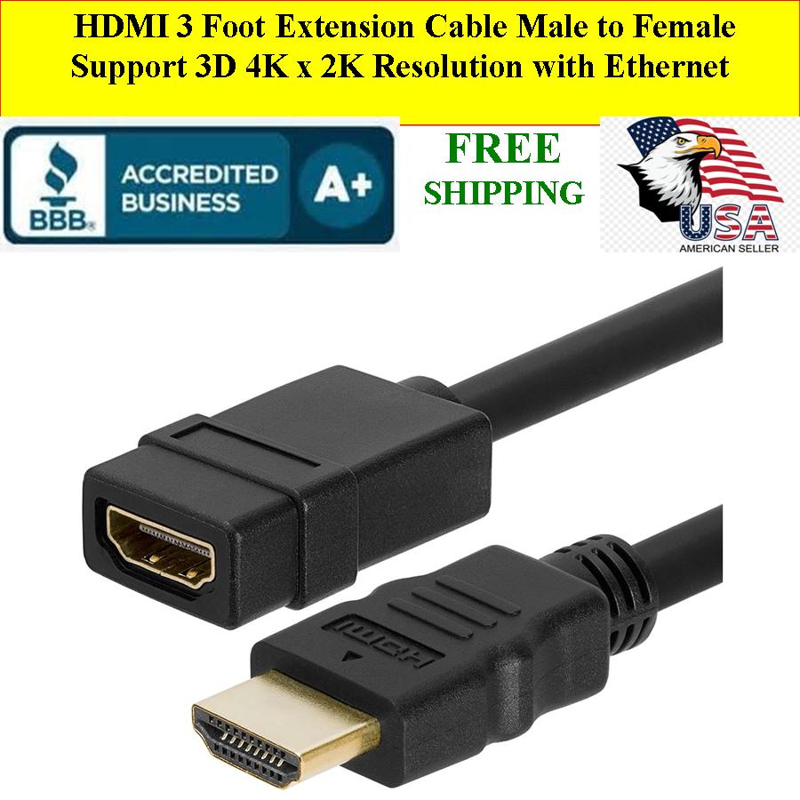 HDMI 3 FT Extension Cable Male to Female 3D 4K x 2K Resolution - Click Image to Close