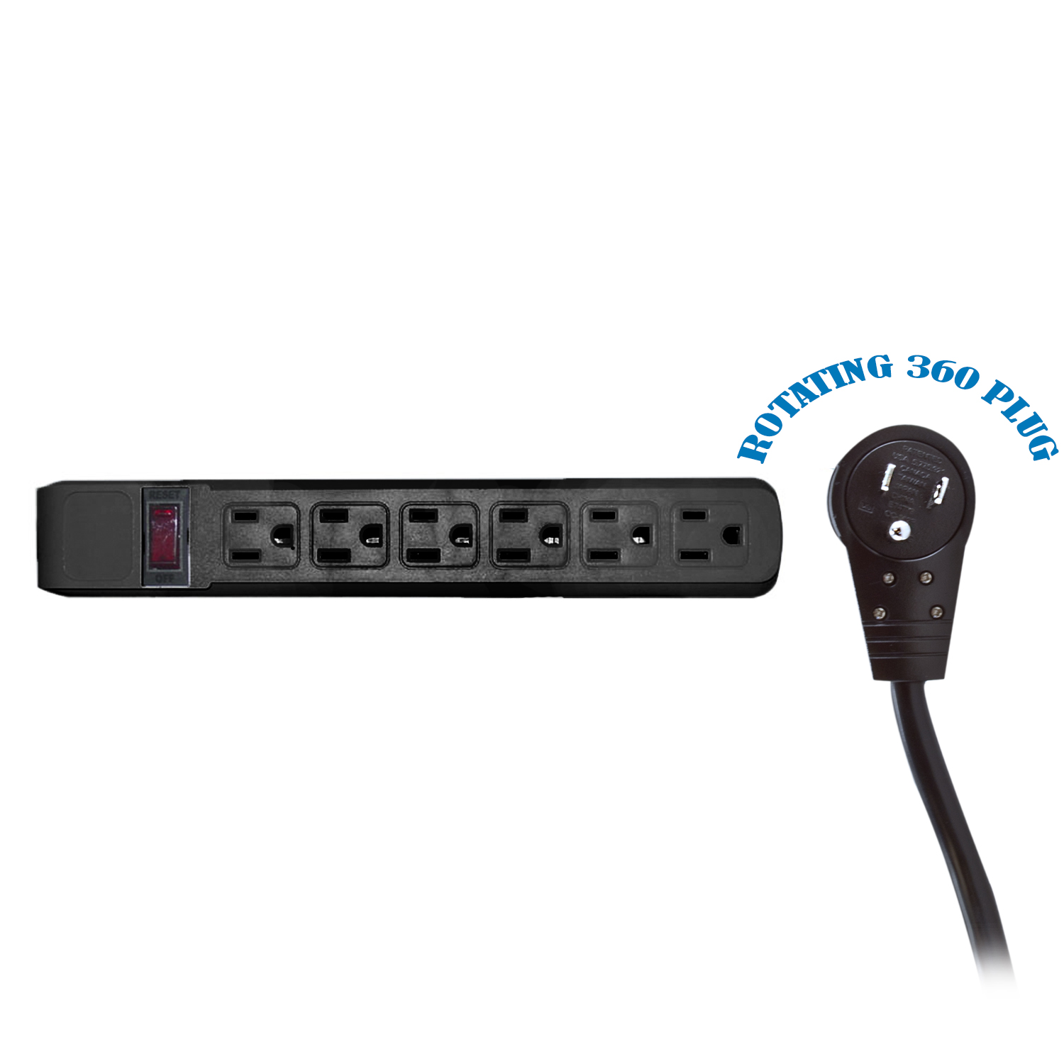 Surge Protector, Flat Rotating Plug, 6 Outlet, Black 10 FT CORD - Click Image to Close