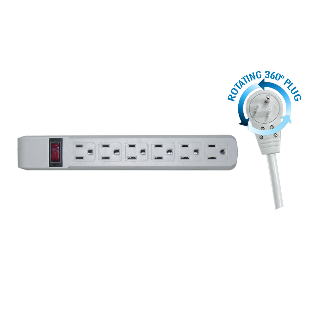 Surge Protector, Flat Rotating Plug, 6 Outlet, Gray 10 FT CORD - Click Image to Close
