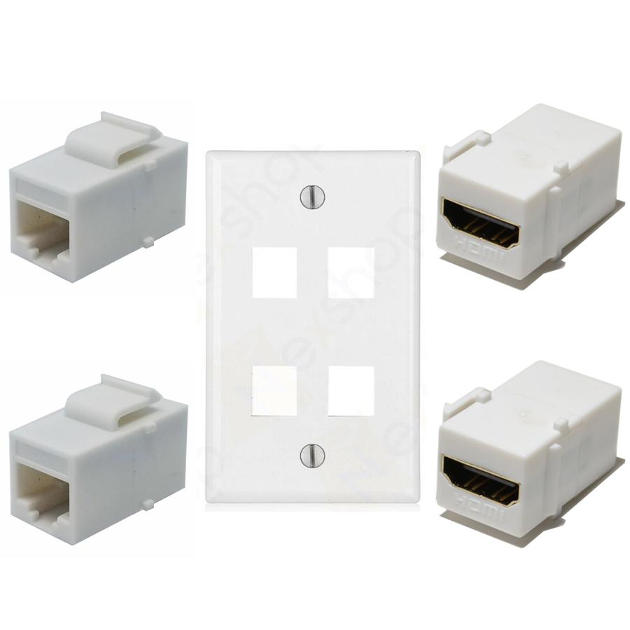 Ethernet 4 Hole Plate 2 Cat6, 2 HDMI Coupler Jacks Combo - Click Image to Close